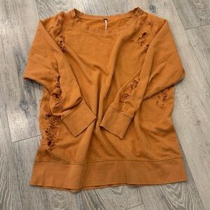 Free People Oversized Burnt Orange Distressed Cut Out Crew Neck Sweatshirt
